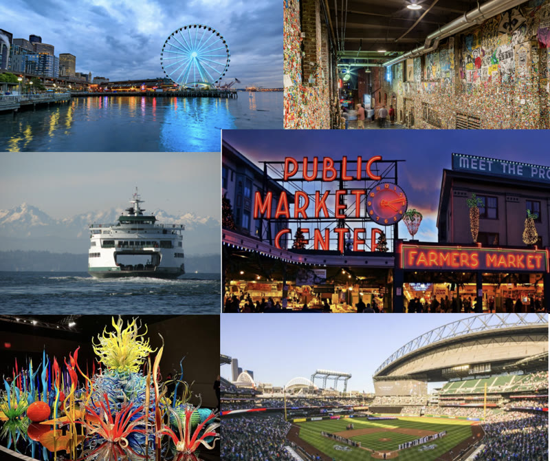 Seattle city collage: Pier 57 Ferris Wheel, gum wall, ferry, Pike Place Market, Chihuly Garden, T-Mobile Park