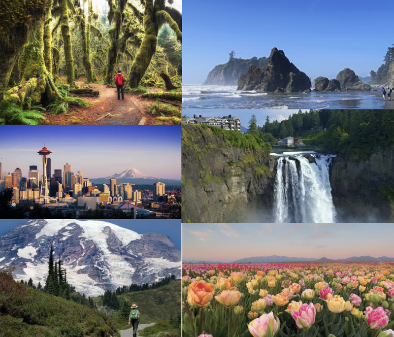 Nature collage: Hoh Rainforest, Ruby Beach, Seattle skyline, Snoqualmie Falls, Mt Rainier, tulip fields