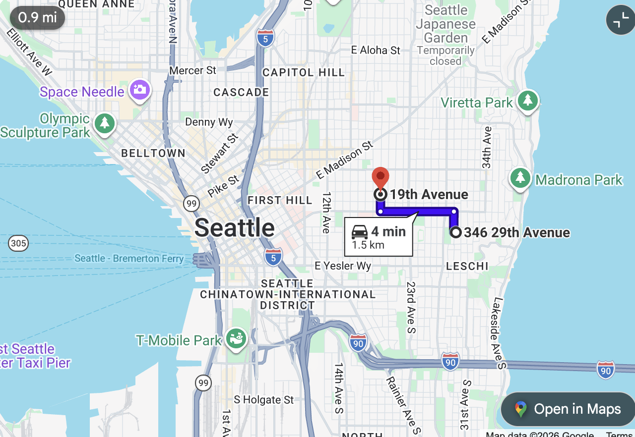 Map: 4 min drive between the two Airbnbs
