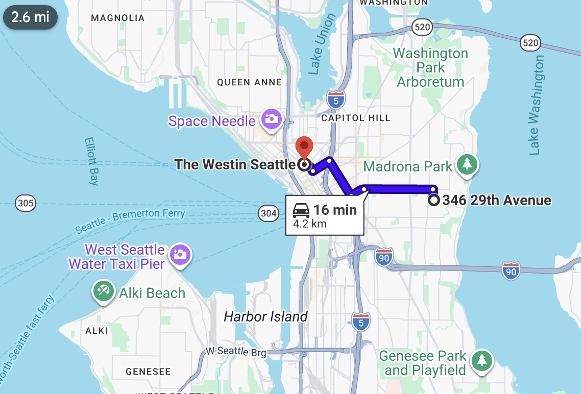 Map: The Westin to Airbnb 1 — 16 min drive