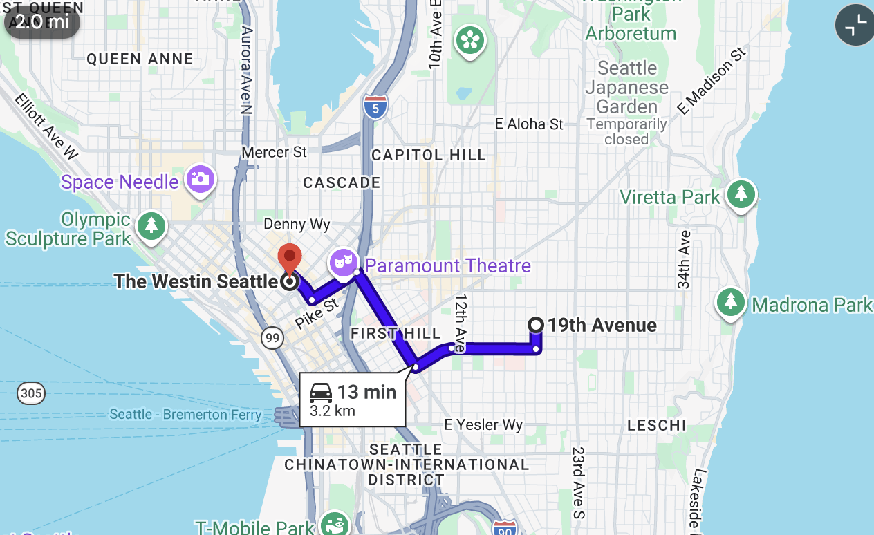 Map: The Westin to Airbnb 2 — 13 min drive