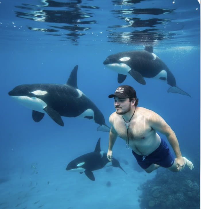 A guy swimming with orcas — aspirational whale watching content